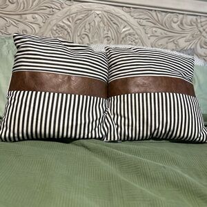 Jax & Grace Set of 2 Throw  Pillows Ticking Striped Faux Brown Leather